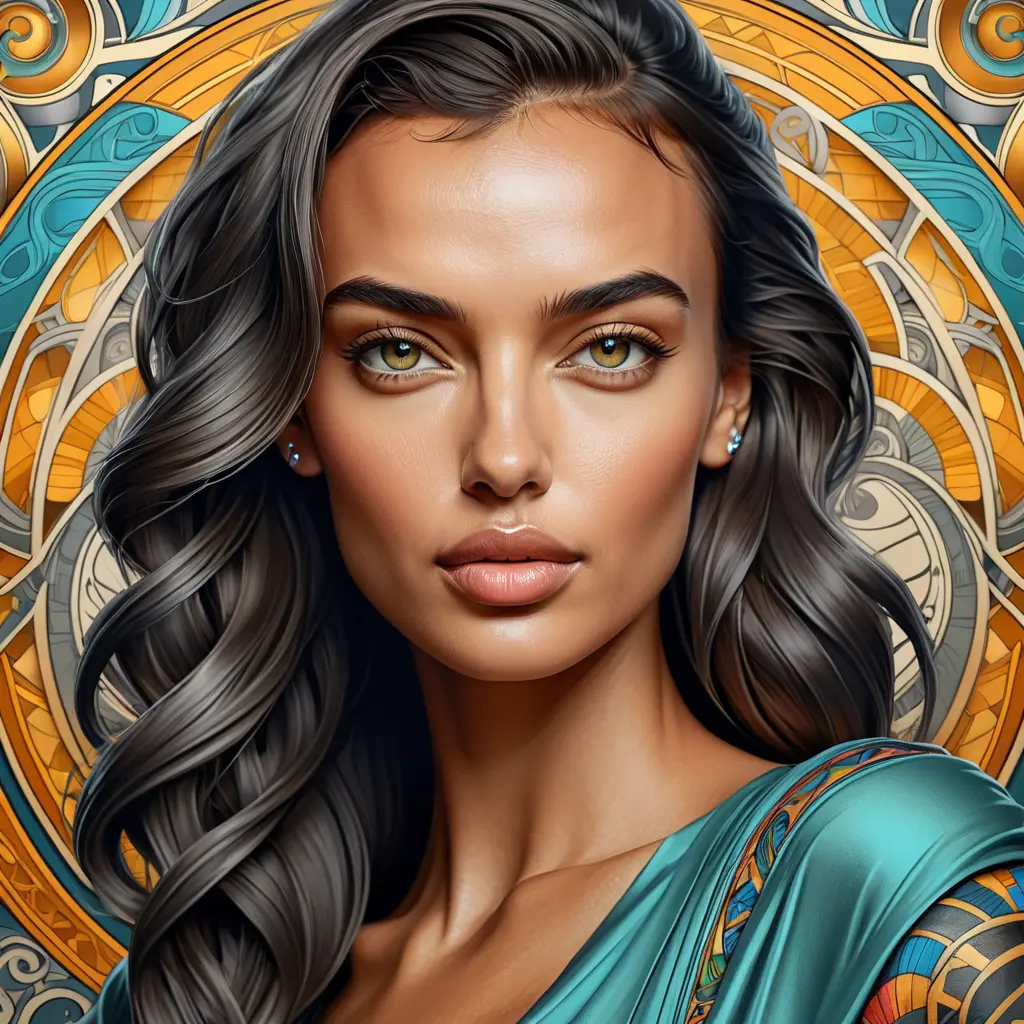 Colorful portrait of a tattooed Irina Shayk with a grey scale face, 4k, Highly Detailed, Hyper Detailed, Powerful, Artstation, Vintage Illustration, Digital Painting, Sharp Focus, Smooth, Concept Art by Stanley Artgerm Lau, Alphonse Mucha, Greg Rutkowski