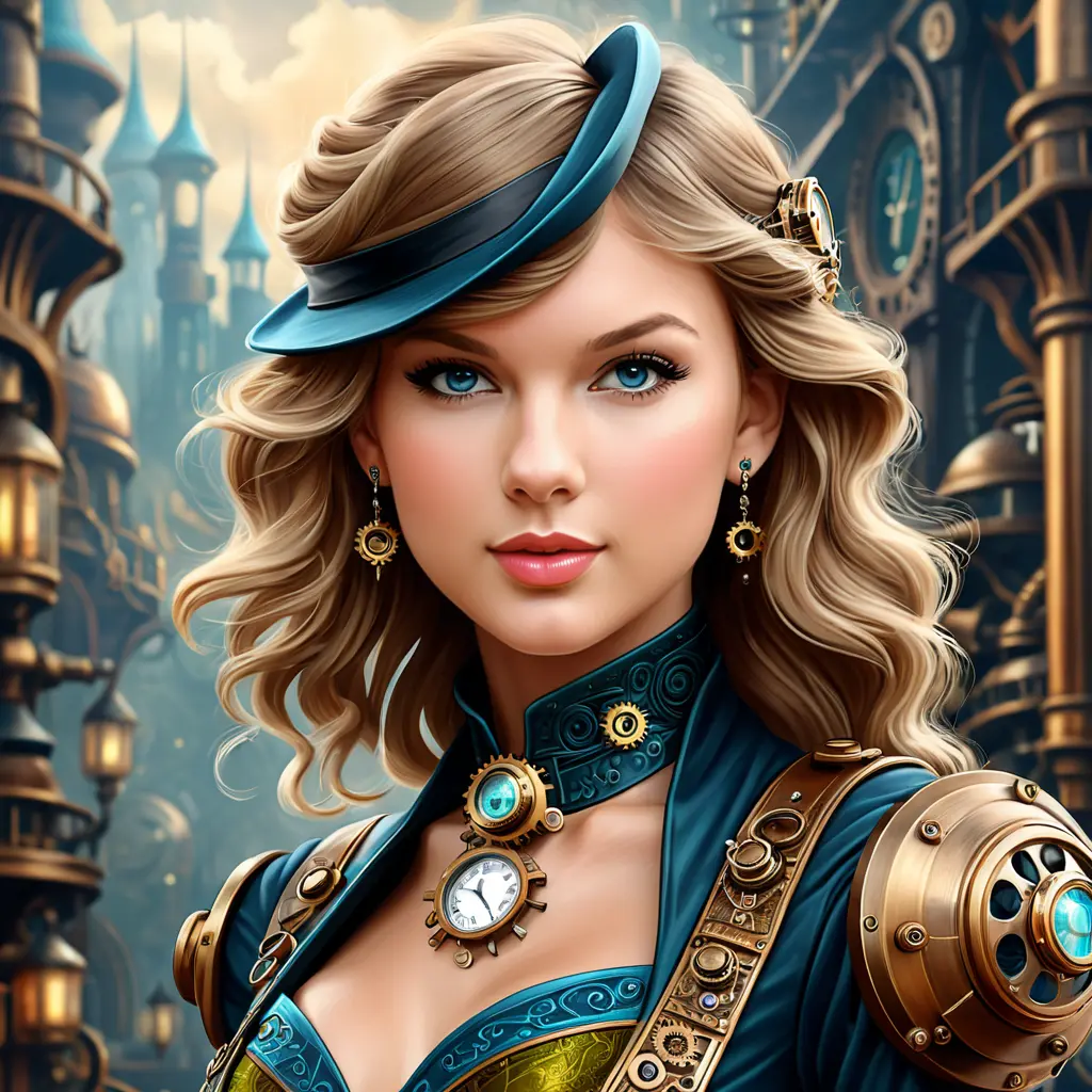 Steampunk portrait of Taylor Swift, Highly Detailed, Intricate, Artstation, Beautiful, Digital Painting, Sharp Focus, Concept Art, Elegant