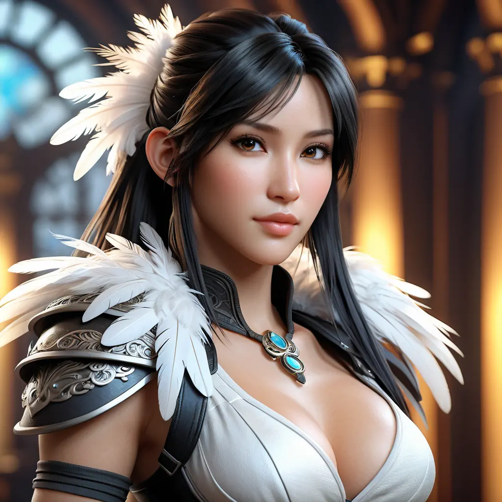 Alluring matte portrait of a beautiful Tifa Lockhart wearing feathers, 8k, Highly Detailed, Intricate, Half Body, Realistic, Sharp Focus, Volumetric Lighting, Fantasy, Elegant by Stanley Artgerm Lau, Alphonse Mucha, WLOP