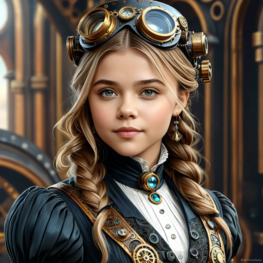 Steampunk portrait of Chloë Grace Moretz, Highly Detailed, Intricate, Artstation, Beautiful, Digital Painting, Sharp Focus, Concept Art, Elegant