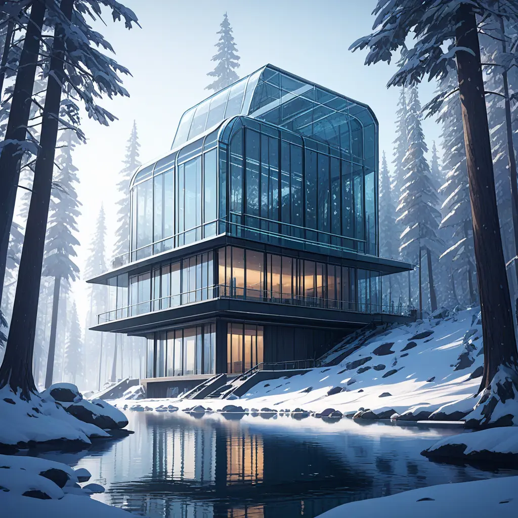 Grand futuristic glass cabin in the woods surrounded by a lake in winter, Atmospheric, Highly Detailed, Intricate, Trending on Artstation, Stunning, Realistic, Unreal Engine, Dynamic Lighting, Radiant, Fantasy by Greg Rutkowski