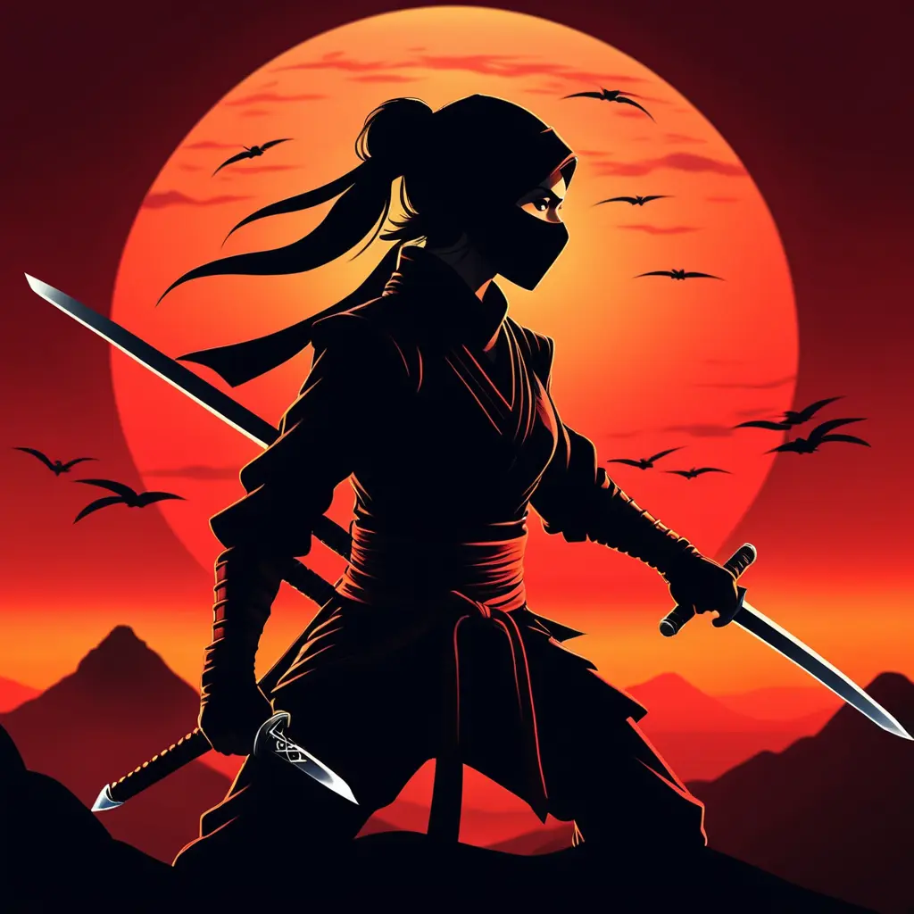 Silhouette of a ninja assassin with her drawn daggers in front of a red sunset, Ambient Lighting, Fantasy, Dark