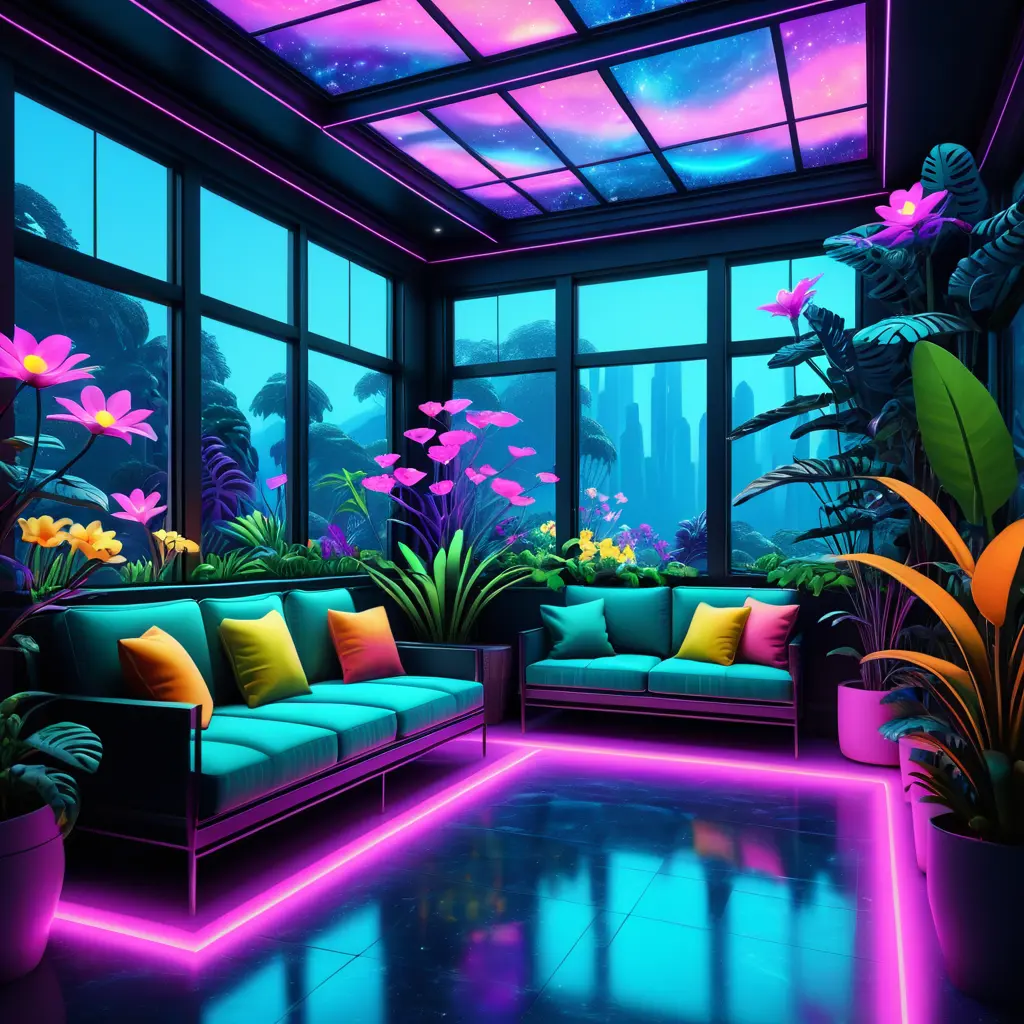 A beautiful render of city sunroom by georgia o'keeffe, galactic alien synthwave rainforest noir thermal imaging myst uv light, flowers, Highly Detailed, Digital Painting, Cinematic Lighting, Neon, Concept Art