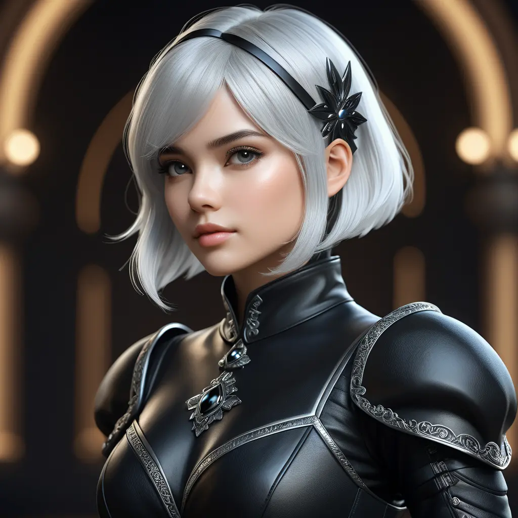 Alluring matte portrait of a beautiful 2B wearing black leather, 8k, Highly Detailed, Intricate, Half Body, Realistic, Sharp Focus, Volumetric Lighting, Fantasy, Elegant by Stanley Artgerm Lau, WLOP