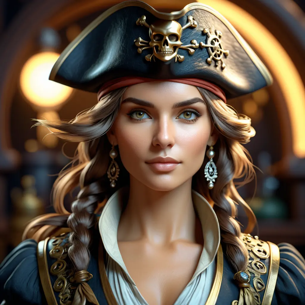 Alluring matte portrait of a beautiful female Pirate, 8k, Highly Detailed, Intricate, Half Body, Realistic, Sharp Focus, Volumetric Lighting, Fantasy, Elegant by Alphonse Mucha