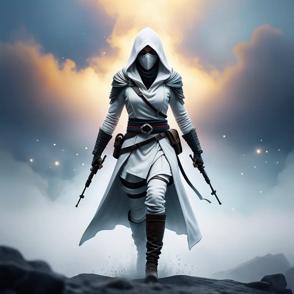 White hooded female assassin emerging from the fog of war, 8k, Bokeh effect, Volumetric Lighting, Vibrant Colors, Fantasy, Dark by Andy Fairhurst