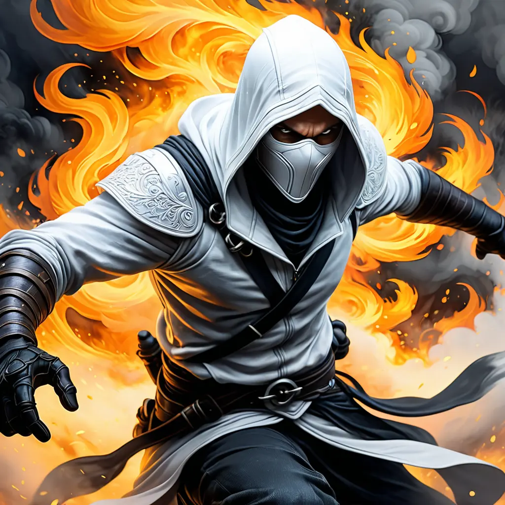 White Assassin emerging from a firey fog of battle, ink splash, Highly Detailed, Vibrant Colors, Ink Art, Fantasy, Dark by Stanley Artgerm Lau