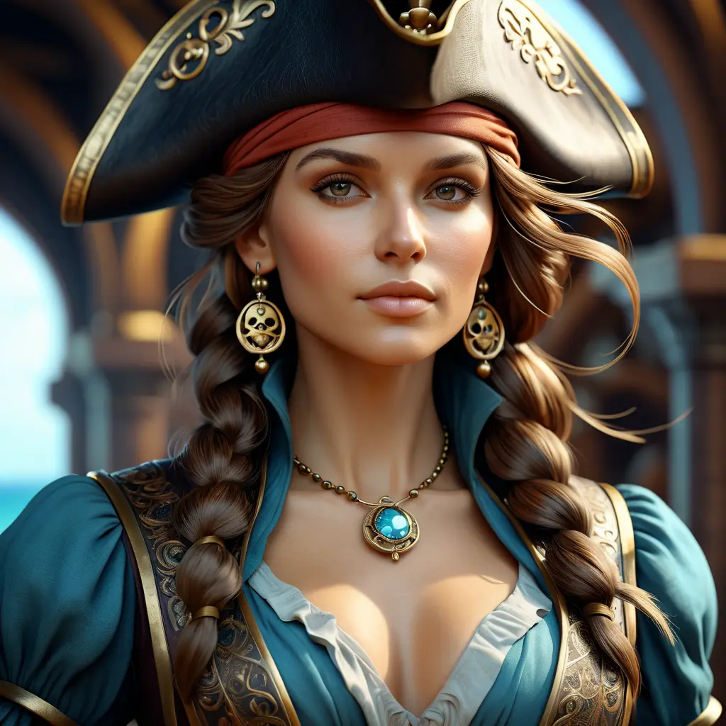 Alluring matte portrait of a beautiful female Pirate, 8k, Highly Detailed, Intricate, Half Body, Realistic, Sharp Focus, Volumetric Lighting, Fantasy, Elegant by Alphonse Mucha