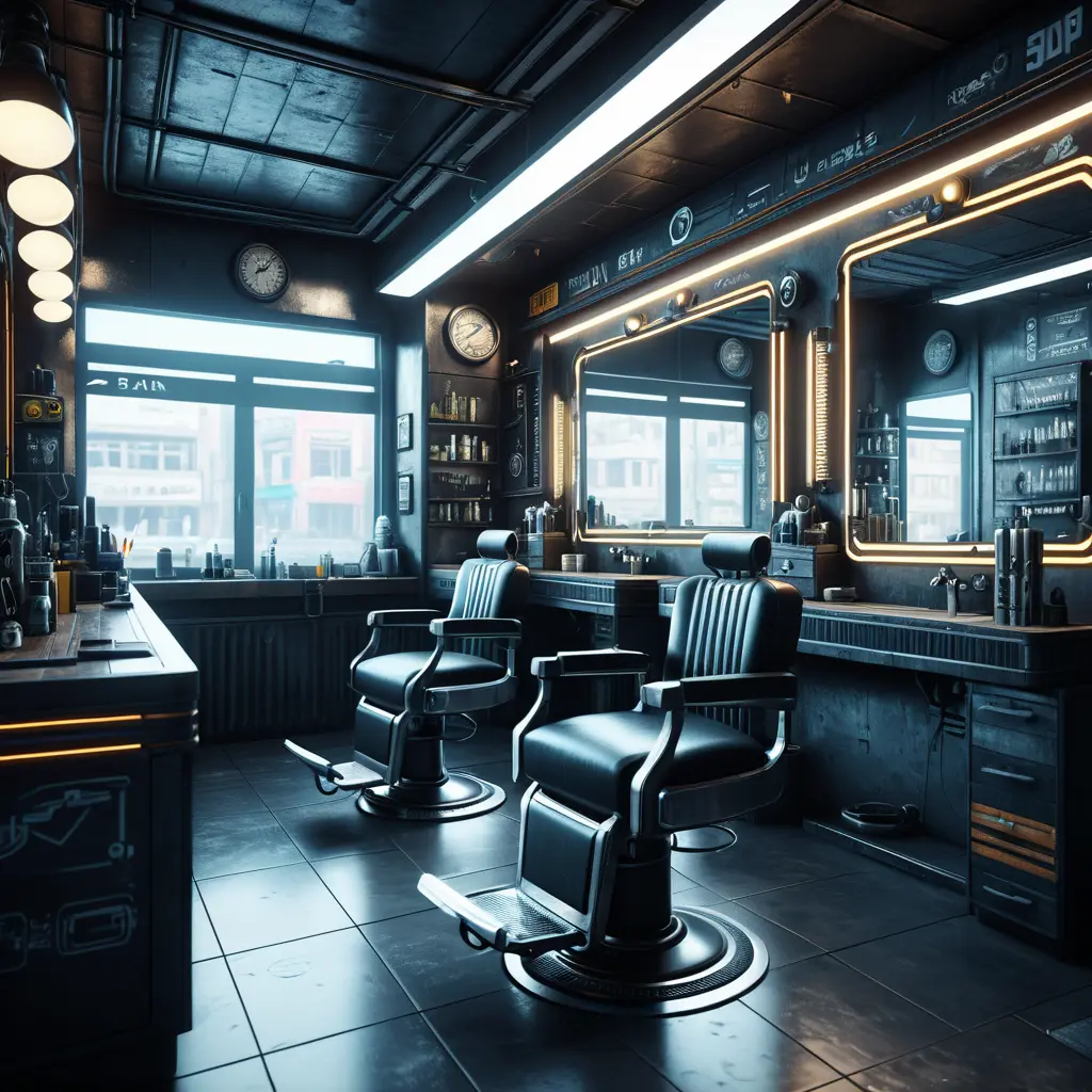 inside of a cyberpunk barber shop, 8k, Dystopian, High Definition, Highly Detailed, Hyper Detailed, Intricate, Intricate Artwork, Intricate Details, Ultra Detailed, Cgsociety, Cybernatic and Sci-Fi, Post-Apocalyptic, Futuristic, Sci-Fi, Science Fiction, Matte Painting, Sharp Focus by Stefan Kostic