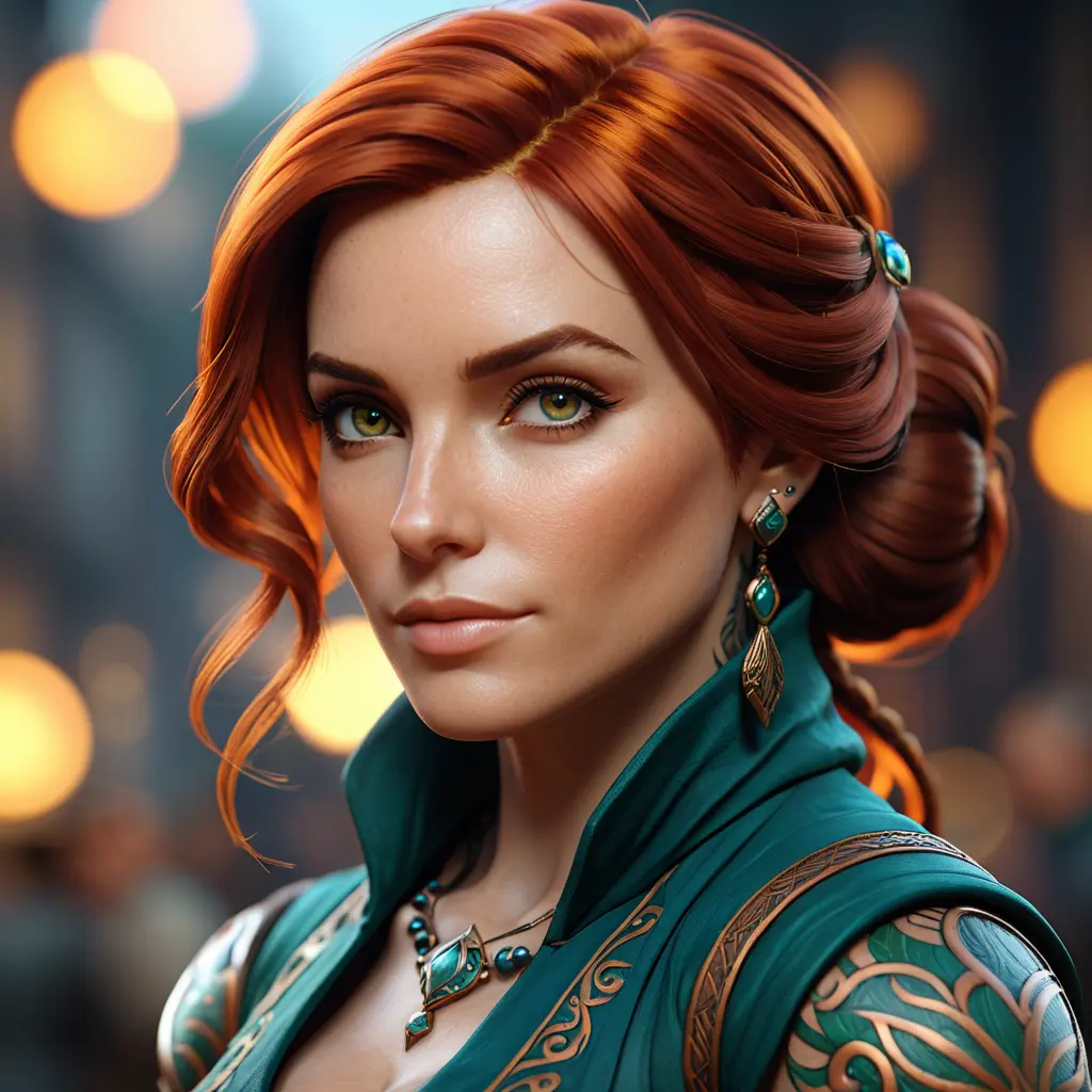 Matte portrait of Triss Merigold with tattoos, 8k, Highly Detailed, Alluring, Artstation, Bokeh effect, Sharp Focus, Volumetric Lighting, Concept Art by Stanley Artgerm Lau, Greg Rutkowski