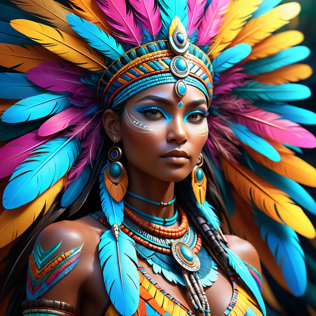 Visionary painting of a mystical tribal goddess surrounded by vibrant feathers, 8k, Highly Detailed, Intricate, Artstation, Matte Painting, Sharp Focus, Volumetric Lighting, Concept Art by Stanley Artgerm Lau, Greg Rutkowski