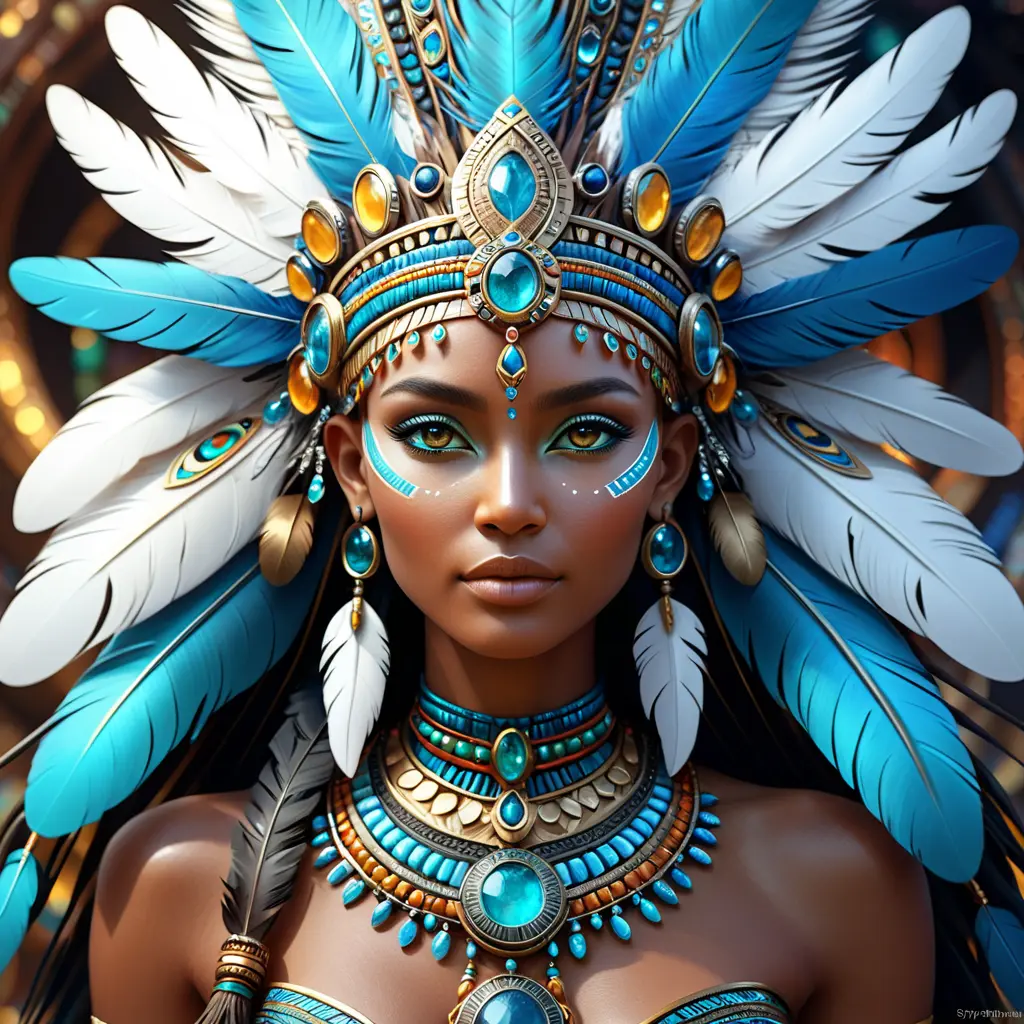 A visionary painting of a single alluring electronic mystical tribal goddess surrounded by feathers and gemstones, 8k, Highly Detailed, Intricate, Artstation, Matte Painting, Sharp Focus, Volumetric Lighting, Concept Art by Stanley Artgerm Lau, Greg Rutkowski