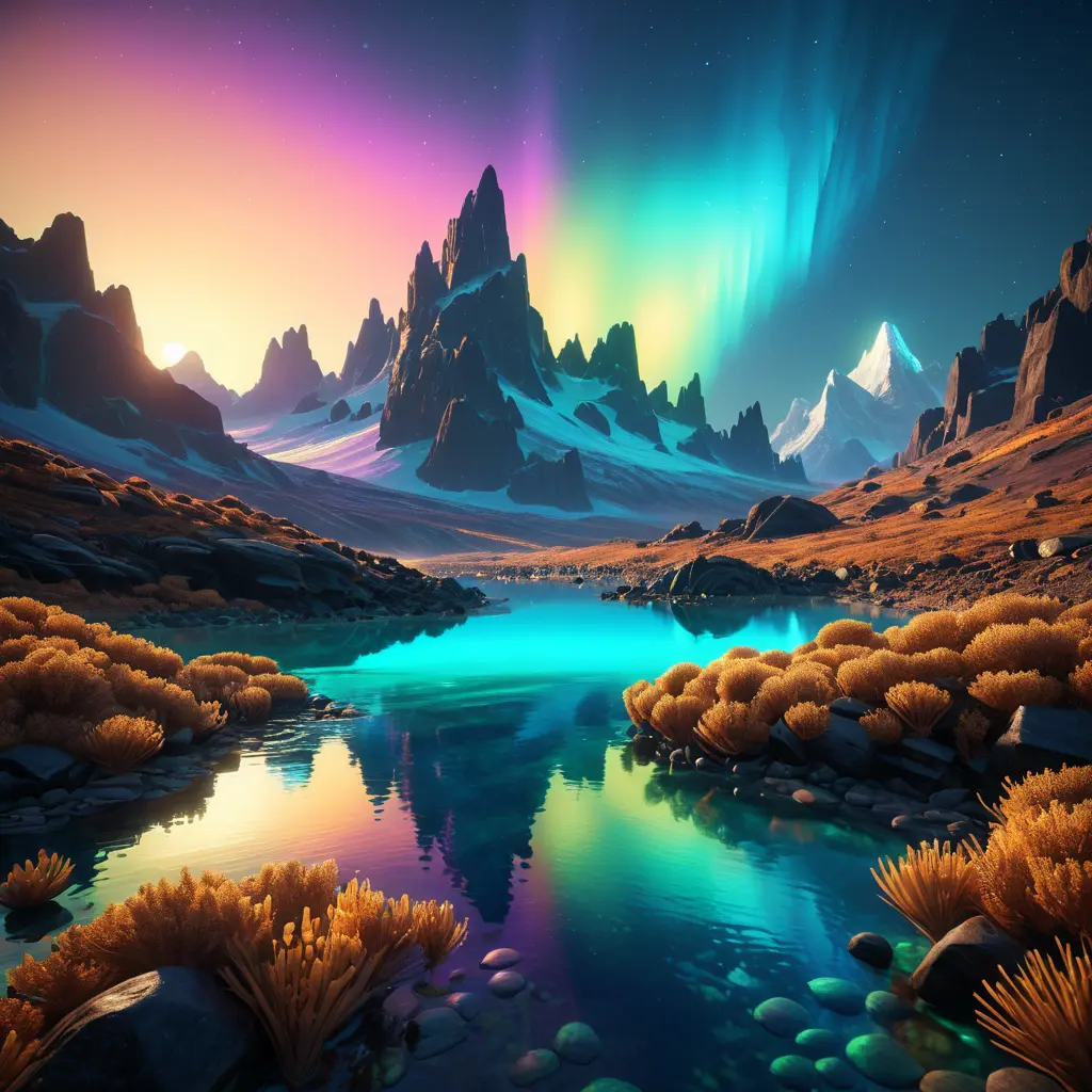 Iridescent opalescent landscape, warm tones, 8k, Award-Winning, Highly Detailed, Beautiful, Octane Render, Unreal Engine, Bioluminescent, Radiant, Volumetric Lighting by Michal Karcz