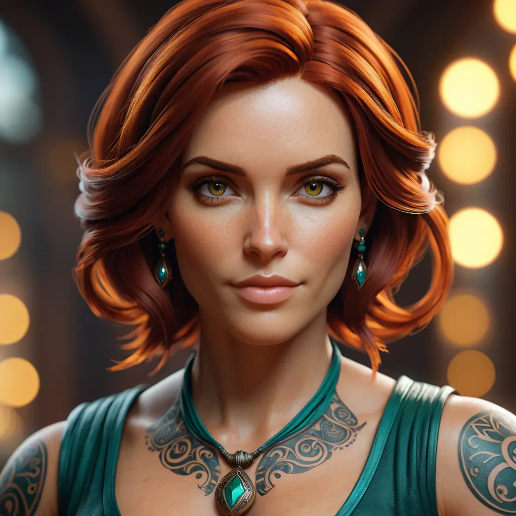 Matte portrait of Triss Merigold with tattoos, 8k, Highly Detailed, Alluring, Artstation, Bokeh effect, Sharp Focus, Volumetric Lighting, Concept Art by Stanley Artgerm Lau, Greg Rutkowski