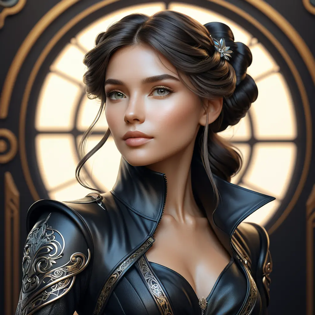 Alluring matte portrait of a beautiful Lyx in black leather, 8k, Highly Detailed, Intricate, Half Body, Realistic, Sharp Focus, Volumetric Lighting, Fantasy, Elegant by Stanley Artgerm Lau, Alphonse Mucha, WLOP, Stefan Kostic