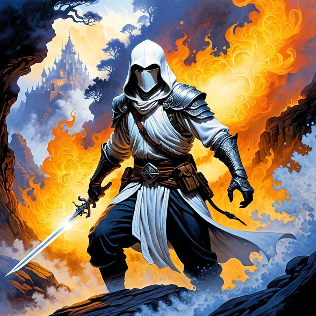 White Assassin emerging from a firey fog of battle, ink splash, Highly Detailed, Vibrant Colors, Ink Art, Fantasy, Dark by Tim Hildebrandt