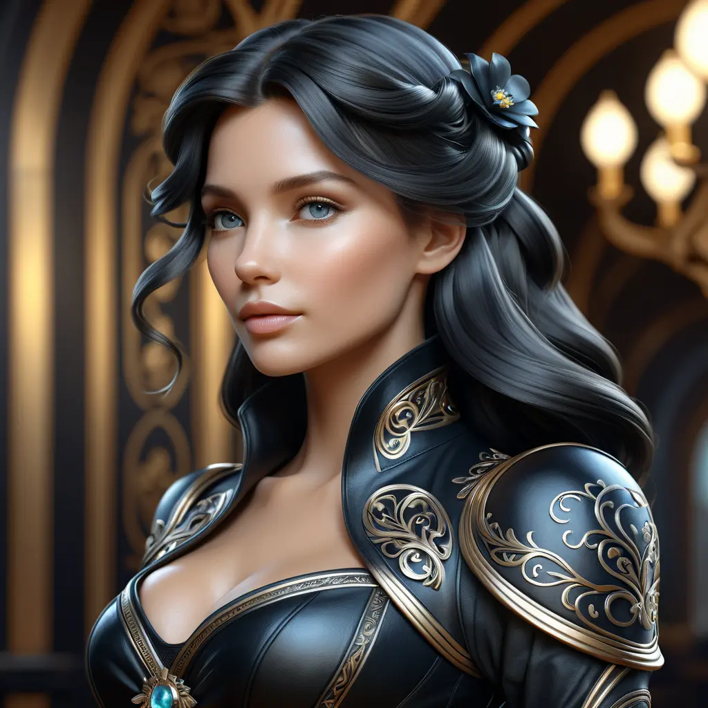 Alluring matte portrait of a beautiful Seraphine in black leather, 8k, Highly Detailed, Intricate, Half Body, Realistic, Sharp Focus, Volumetric Lighting, Fantasy, Elegant by Stanley Artgerm Lau, Alphonse Mucha, WLOP, Stefan Kostic