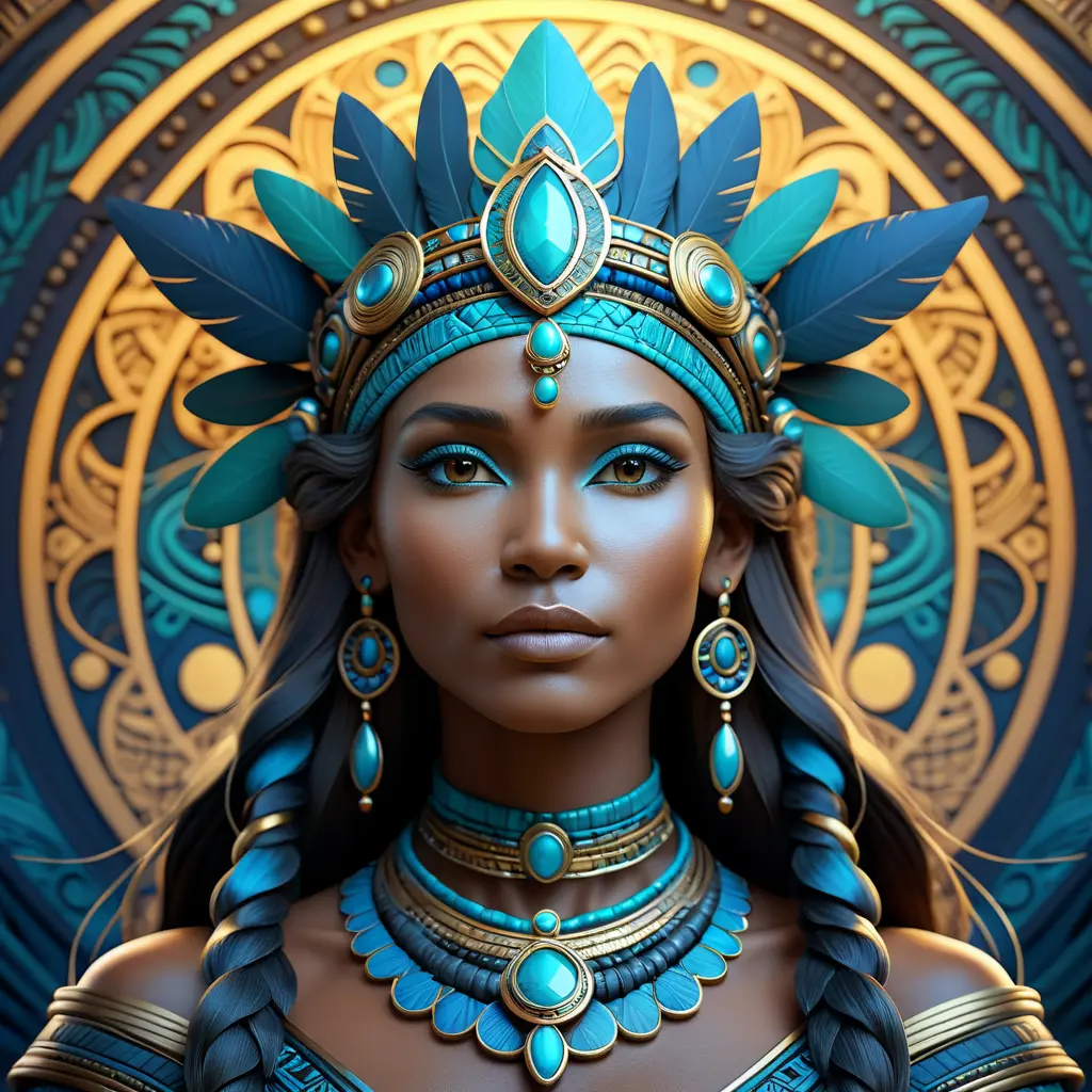 Alluring matte portrait of a beautiful mystical tribal queen, 8k, Highly Detailed, Intricate, Half Body, Realistic, Sharp Focus, Volumetric Lighting, Fantasy, Elegant by Alphonse Mucha