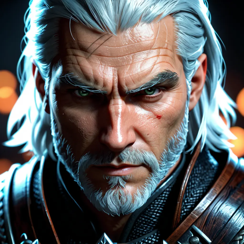 Geralt as a rouge assassin in The Witcher 3 Style, 4k, Highly Detailed, Beautiful, Cinematic Lighting, Sharp Focus, Volumetric Lighting, Closeup Portrait, Concept Art