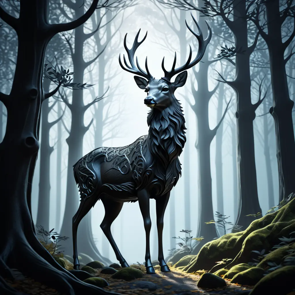 Deer in a haunted forest, Highly Detailed, Intricate, Gothic, Volumetric Lighting, Fantasy, Dark by Stanley Artgerm Lau