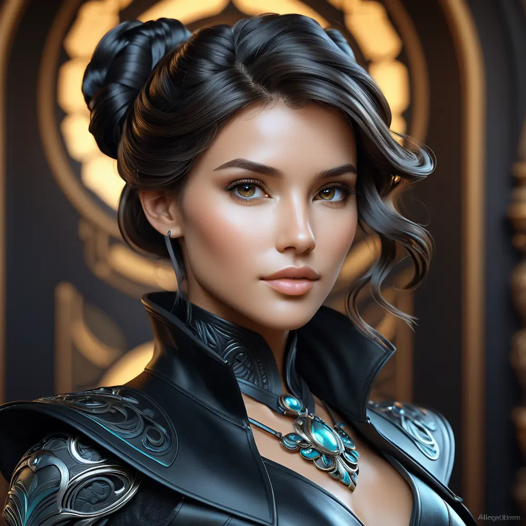 Alluring matte portrait of a beautiful Vex in black leather, 8k, Highly Detailed, Intricate, Half Body, Realistic, Sharp Focus, Volumetric Lighting, Fantasy, Elegant by Stanley Artgerm Lau, Alphonse Mucha, WLOP, Stefan Kostic