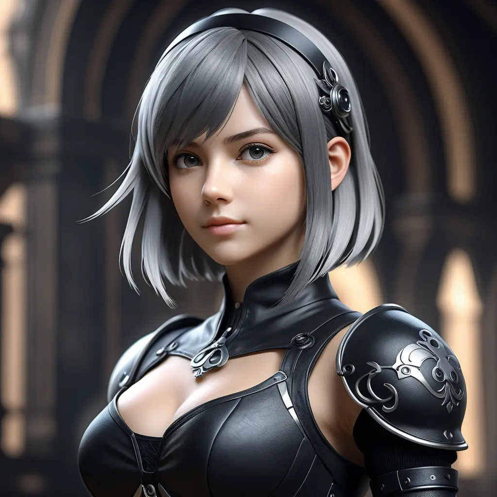 Alluring matte portrait of a beautiful A2 from Nier Automata wearing black leather, 8k, Highly Detailed, Intricate, Half Body, Realistic, Sharp Focus, Volumetric Lighting, Fantasy, Elegant by Stanley Artgerm Lau, WLOP