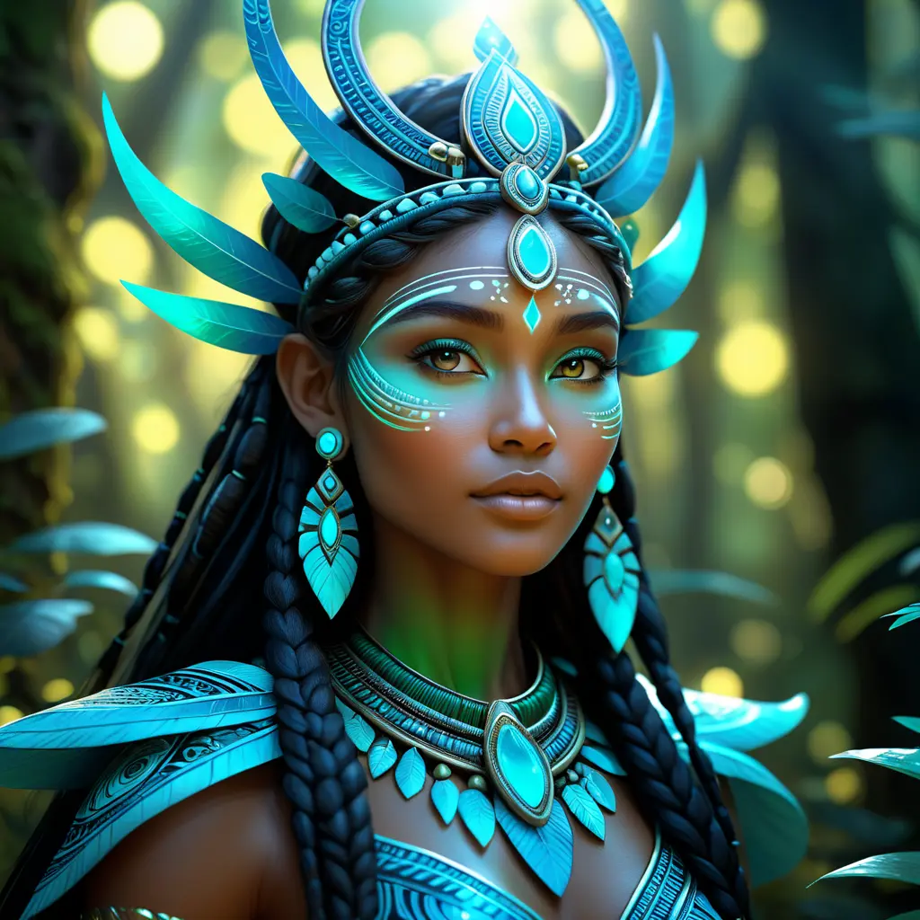 Closeup of a beautiful tribal goddess in a magical forest, 4k, Highly Detailed, Masterpiece, Pretty Face, Digital Illustration, Cinematic Lighting, Realistic, Sharp Focus, Centered, Beautifully Lit, Bioluminescent by Stanley Artgerm Lau