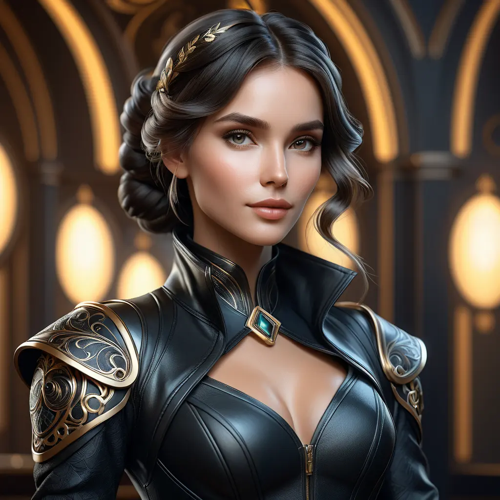 Alluring matte portrait of a beautiful Quinn in black leather, 8k, Highly Detailed, Intricate, Half Body, Realistic, Sharp Focus, Volumetric Lighting, Fantasy, Elegant by Stanley Artgerm Lau, Alphonse Mucha, WLOP, Stefan Kostic