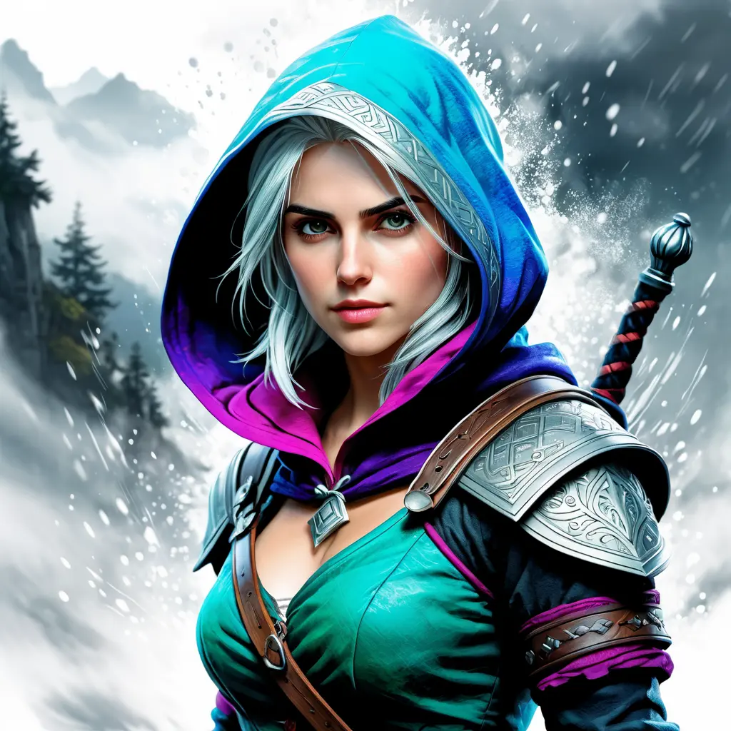 Hooded Ciri from the Witcher emerging from the fog of war, ink splash, Highly Detailed, Vibrant Colors, Ink Art, Fantasy, Dark by Stanley Artgerm Lau