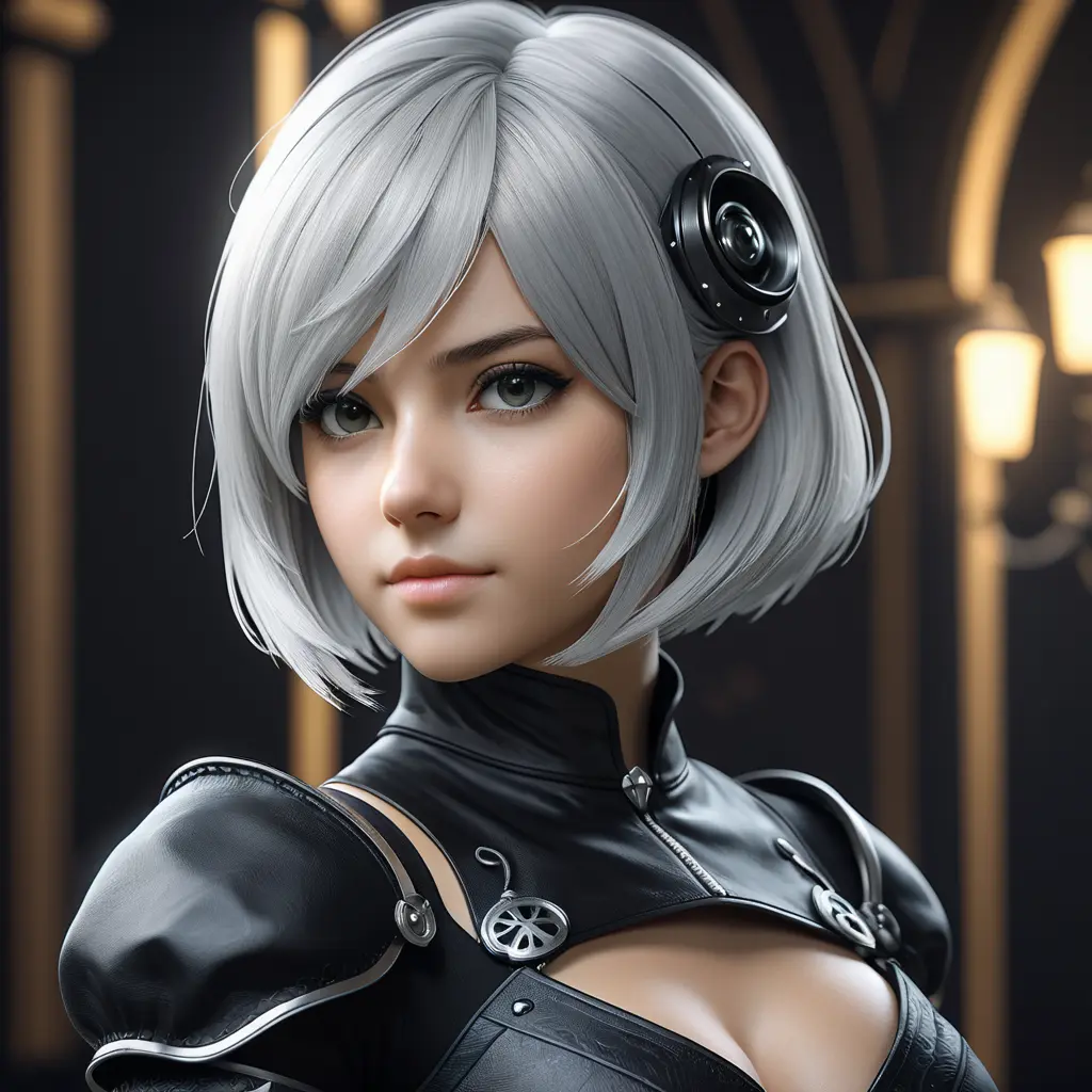 Alluring matte portrait of a beautiful 2B from Nier Automata wearing black leather, 8k, Highly Detailed, Intricate, Half Body, Realistic, Sharp Focus, Volumetric Lighting, Fantasy, Elegant by Stanley Artgerm Lau, WLOP