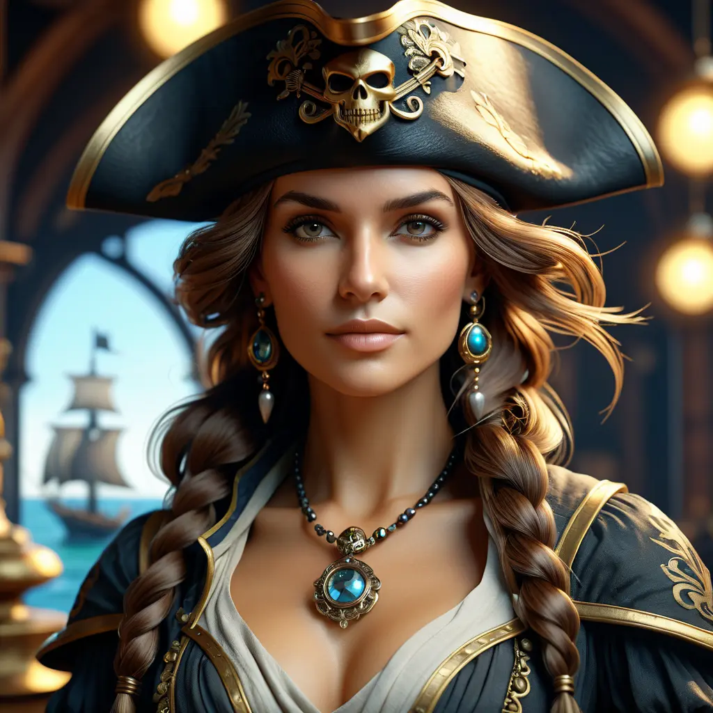 Alluring matte portrait of a beautiful female Pirate, 8k, Highly Detailed, Intricate, Half Body, Realistic, Sharp Focus, Volumetric Lighting, Fantasy, Elegant by Alphonse Mucha