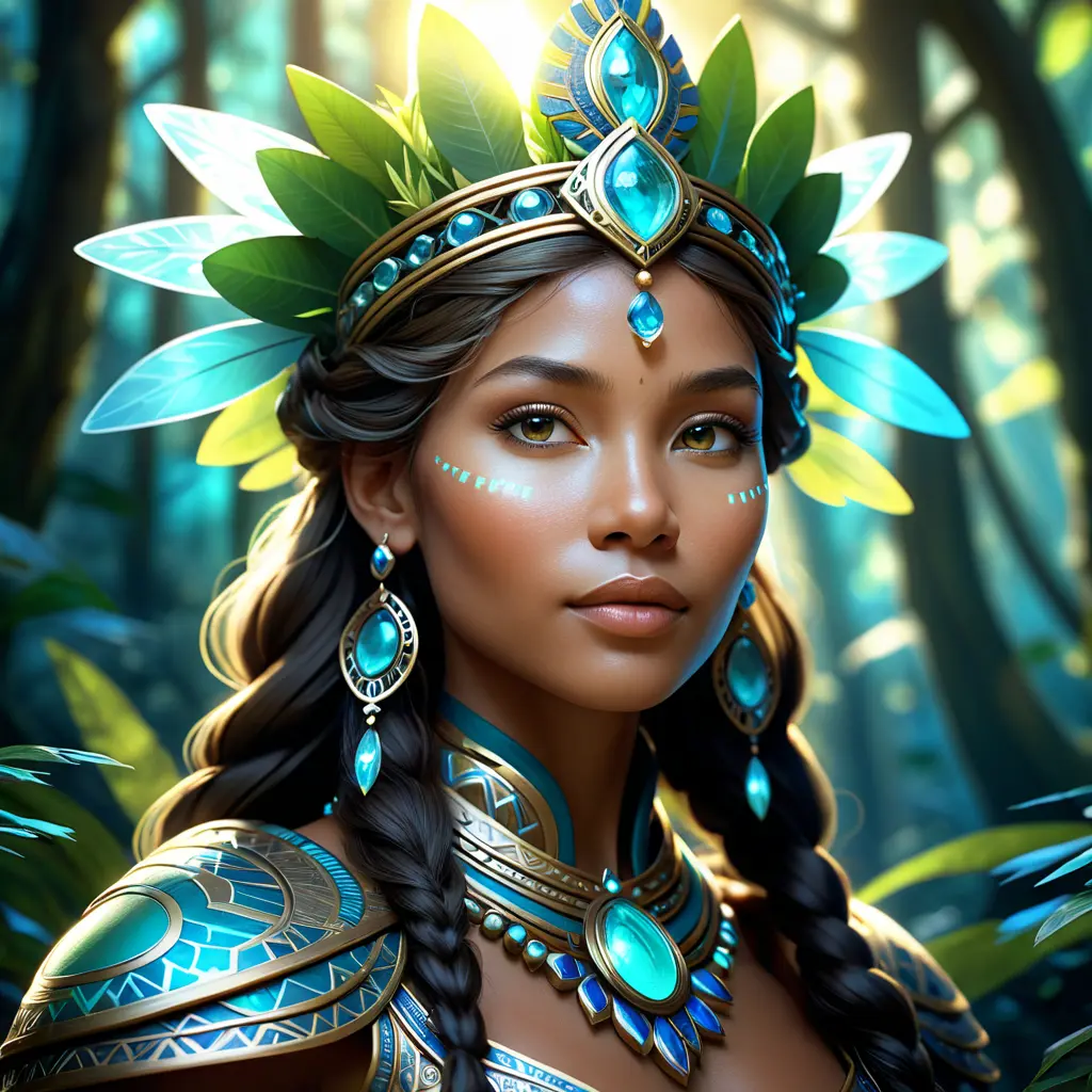 Closeup of a beautiful tribal queen in a magical forest, 4k, Highly Detailed, Masterpiece, Pretty Face, Digital Illustration, Cinematic Lighting, Realistic, Sharp Focus, Centered, Beautifully Lit, Bioluminescent by Stanley Artgerm Lau, Alphonse Mucha, Greg Rutkowski, Stefan Kostic