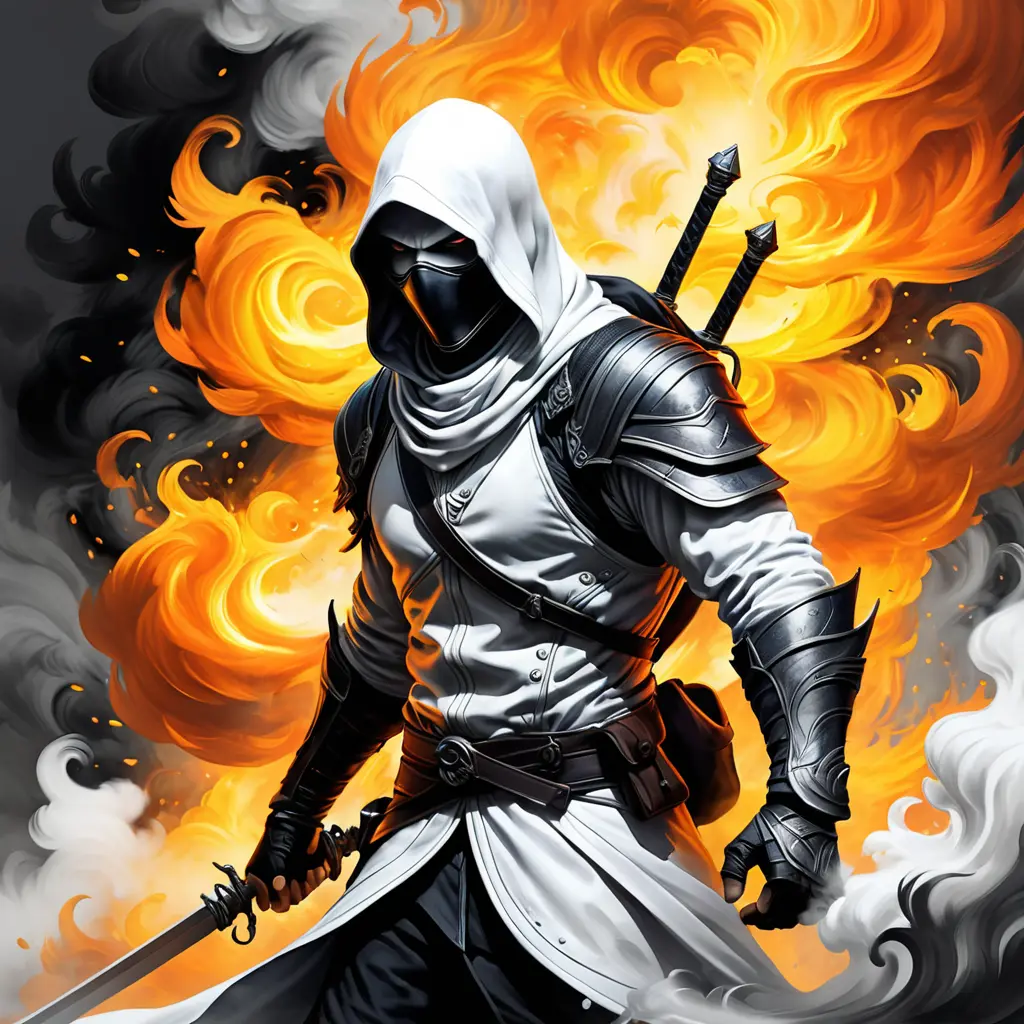 White Assassin emerging from a firey fog of battle, ink splash, Highly Detailed, Vibrant Colors, Ink Art, Fantasy, Dark by Stanley Artgerm Lau