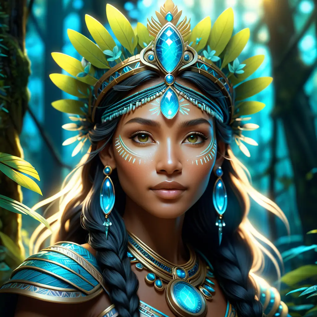 Closeup of a beautiful tribal queen in a magical forest, 4k, Highly Detailed, Masterpiece, Pretty Face, Digital Illustration, Cinematic Lighting, Realistic, Sharp Focus, Centered, Beautifully Lit, Bioluminescent by Stanley Artgerm Lau, Alphonse Mucha, Greg Rutkowski, Stefan Kostic