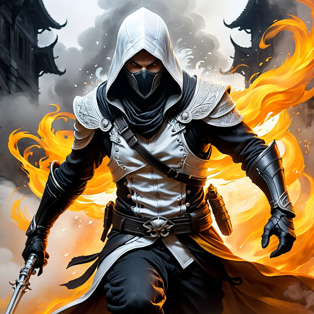 White Assassin emerging from a firey fog of battle, ink splash, Highly Detailed, Vibrant Colors, Ink Art, Fantasy, Dark by Stanley Artgerm Lau