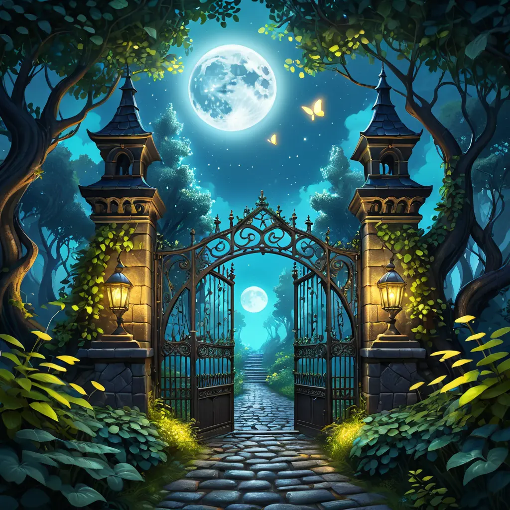 A beautiful digital illustration painting of a detailed gothic fantasy fireflies forest trees and iron gate cobblestone pathway vines full moon, 8k, Artstation, Digital Illustration, Concept Art by Justin Gerard, James Gurney