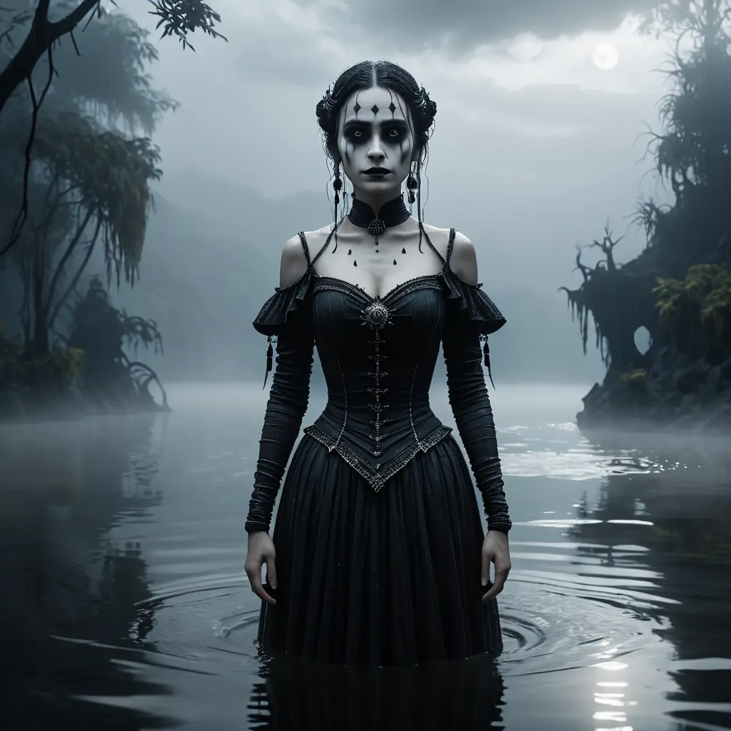 The frightening La Yorona with black eyes on her shoulder stands in a dark lake. Mist. Rain., 8k, HD, Gothic and Fantasy, Trending on Artstation, Sci-Fi, Soft Lighting