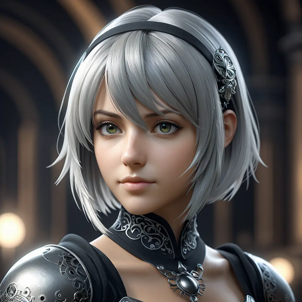 Alluring matte portrait of a beautiful A2 from Nier Automata in the style of Stefan Kostic, 8k, Highly Detailed, Intricate, Half Body, Realistic, Sharp Focus, Volumetric Lighting, Fantasy, Elegant by Stanley Artgerm Lau, Greg Rutkowski