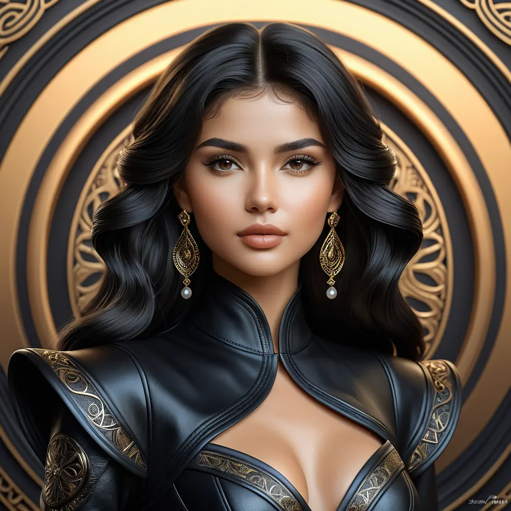 Alluring matte portrait of the beautiful goddess Selena in black leather in the style of Stefan Kostic, 8k, Highly Detailed, Intricate, Realistic, Sharp Focus, Volumetric Lighting, Fantasy, Elegant by Stanley Artgerm Lau, Alphonse Mucha, WLOP