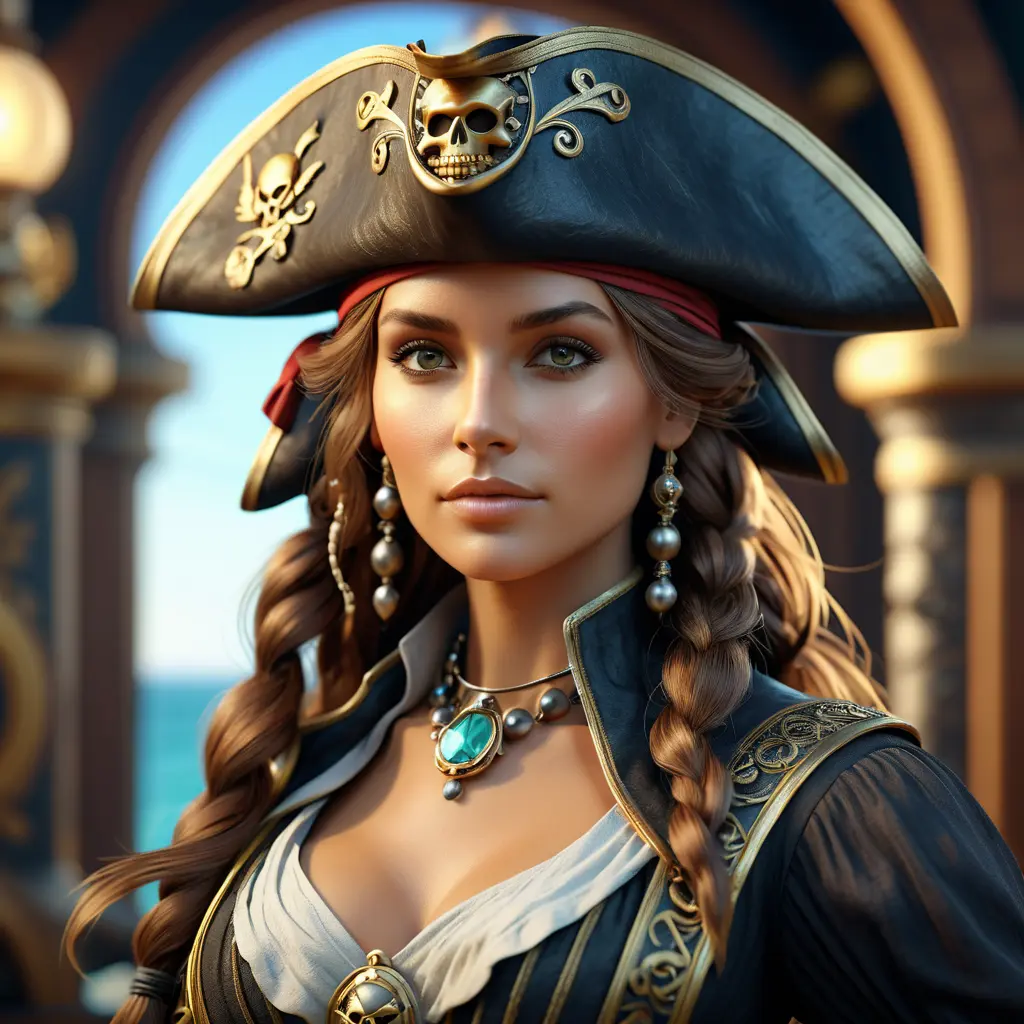 Alluring matte portrait of a beautiful female Pirate, 8k, Highly Detailed, Intricate, Half Body, Realistic, Sharp Focus, Volumetric Lighting, Fantasy, Elegant by Alphonse Mucha