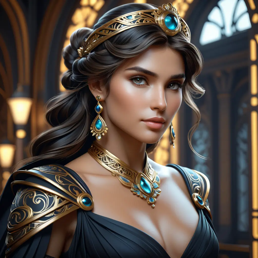 Alluring matte portrait of a beautiful Kassandra in black, 8k, Highly Detailed, Intricate, Half Body, Realistic, Sharp Focus, Volumetric Lighting, Fantasy, Elegant by Stanley Artgerm Lau, Alphonse Mucha, WLOP, Stefan Kostic