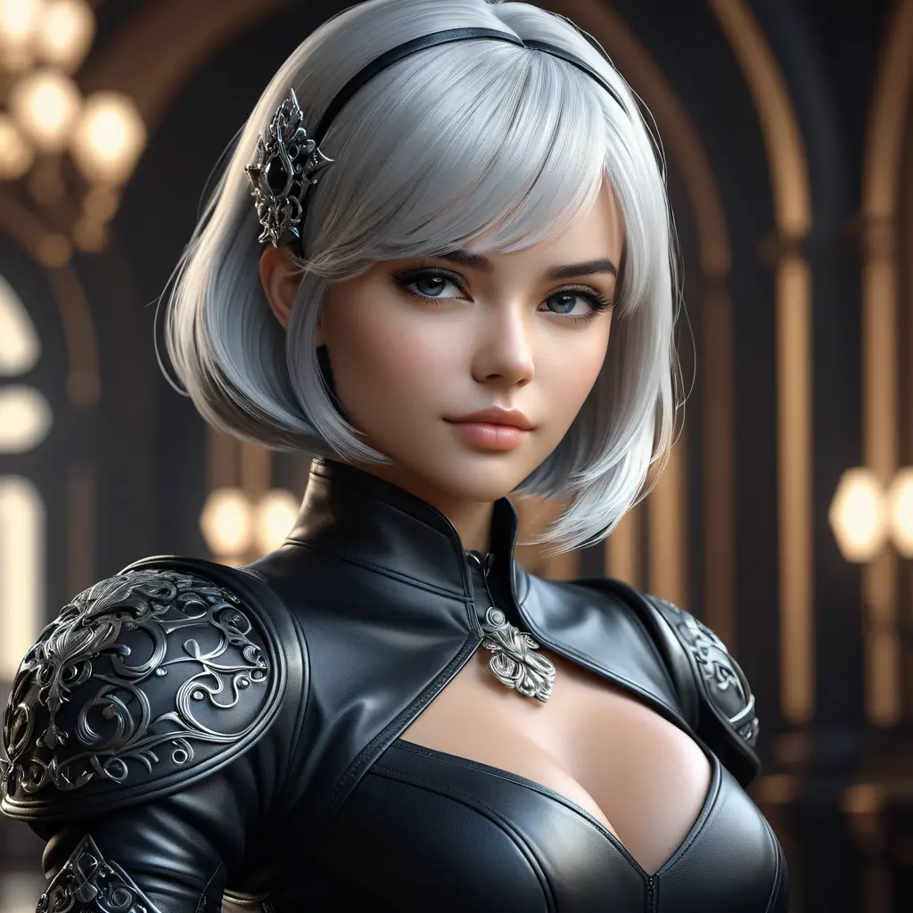 Alluring matte portrait of a beautiful 2B wearing black leather, 8k, Highly Detailed, Intricate, Half Body, Realistic, Sharp Focus, Volumetric Lighting, Fantasy, Elegant by Stanley Artgerm Lau, WLOP