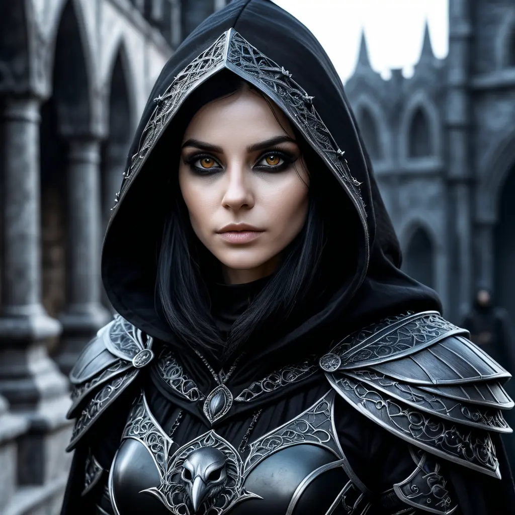 Intricate portrait of a horrifying pale assassin dusk elf, black hair, black eyes, fully covering black hooded armor, ravens, 8k, Gothic and Fantasy, Beautiful, Sci-Fi, Photo Realistic