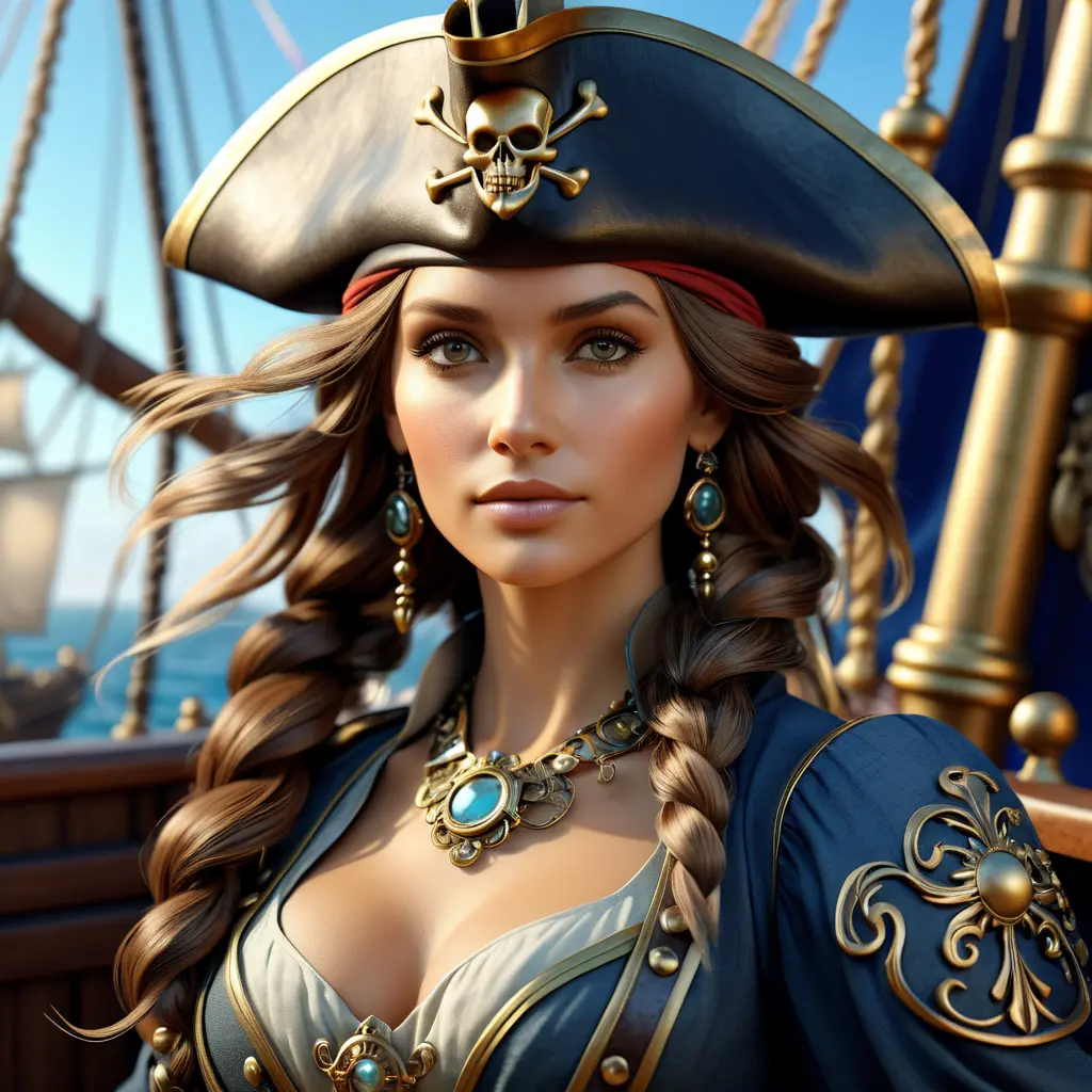 Alluring matte portrait of a beautiful female Pirate, 8k, Highly Detailed, Intricate, Half Body, Realistic, Sharp Focus, Volumetric Lighting, Fantasy, Elegant by Alphonse Mucha