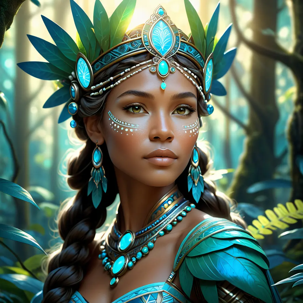 Closeup of a beautiful tribal queen in a magical forest, 4k, Highly Detailed, Masterpiece, Pretty Face, Digital Illustration, Cinematic Lighting, Realistic, Sharp Focus, Centered, Beautifully Lit, Bioluminescent by Stanley Artgerm Lau, Alphonse Mucha, Greg Rutkowski, Stefan Kostic