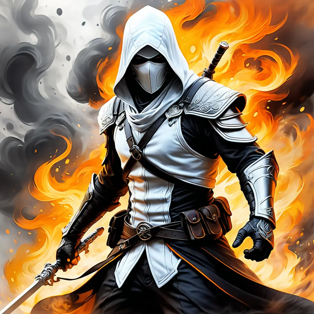 White Assassin emerging from a firey fog of battle, ink splash, Highly Detailed, Vibrant Colors, Ink Art, Fantasy, Dark by Stanley Artgerm Lau