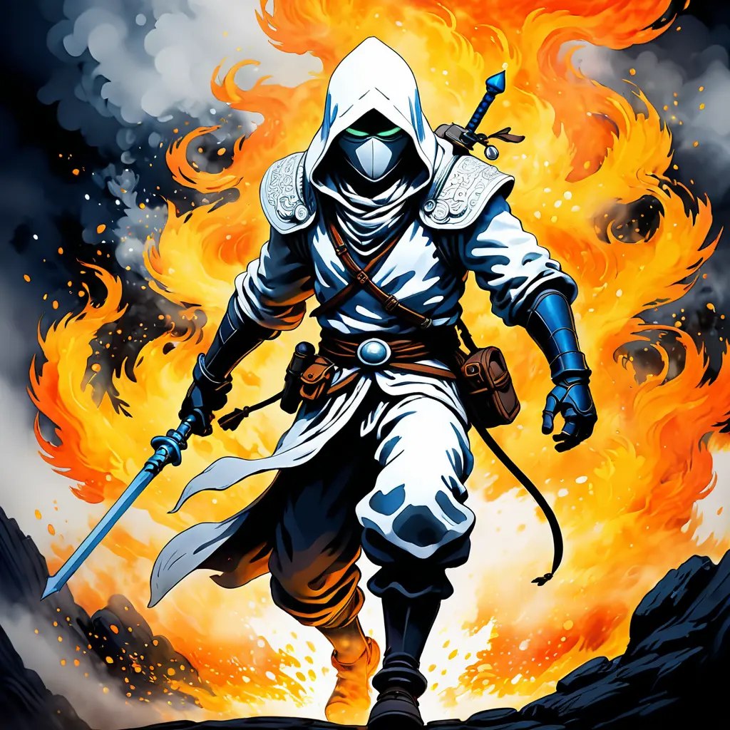 White Assassin emerging from a firey fog of battle, ink splash, Highly Detailed, Vibrant Colors, Ink Art, Fantasy, Dark by Studio Ghibli