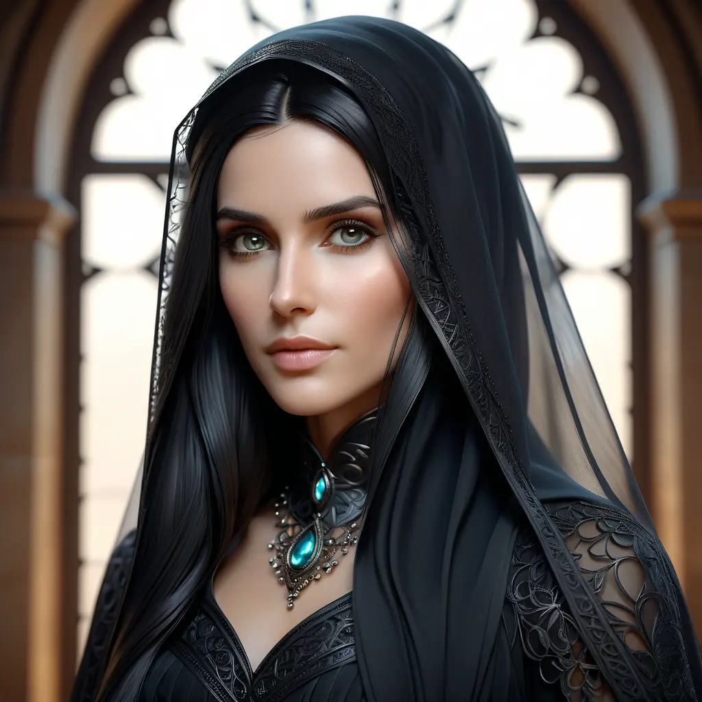 Alluring matte portrait of a beautiful veiled Yennefer wearing a black veil with long straight hair, 8k, Highly Detailed, Intricate, Half Body, Realistic, Sharp Focus, Volumetric Lighting, Fantasy, Elegant by Stanley Artgerm Lau, Alphonse Mucha, WLOP