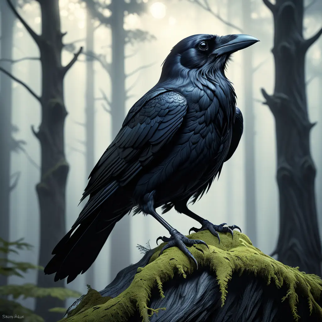 Raven in a haunted forest, Highly Detailed, Intricate, Gothic, Volumetric Lighting, Fantasy, Dark by Stanley Artgerm Lau