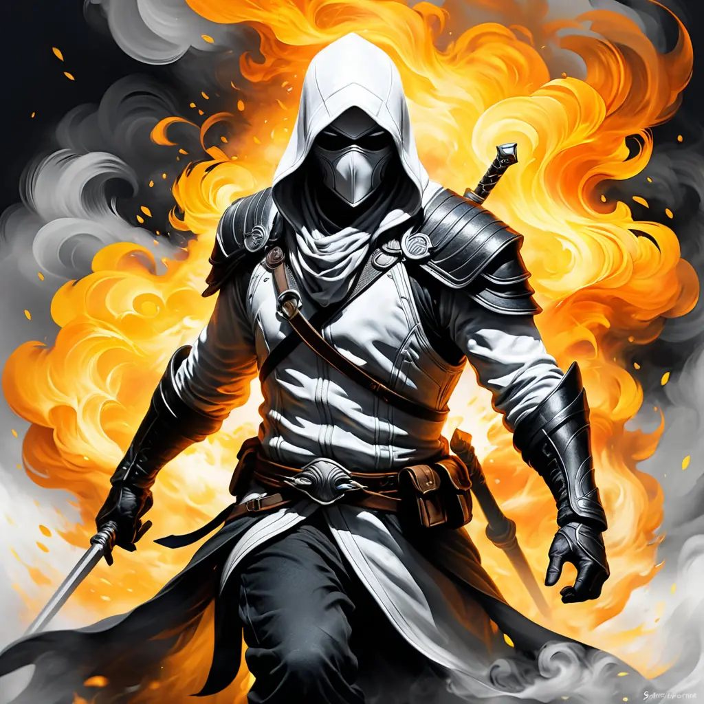 White Assassin emerging from a firey fog of battle, ink splash, Highly Detailed, Vibrant Colors, Ink Art, Fantasy, Dark by Stanley Artgerm Lau